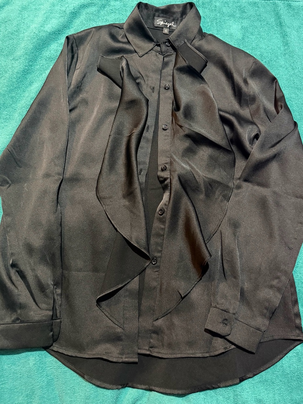 Spiegel Black Satin Blouse with Ruffled Front